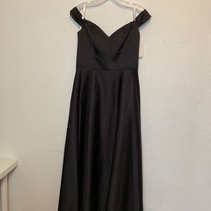 David’s Bridal black off shoulder bridesmaid dress